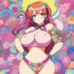 An anime girl with large breasts, drawn in a detailed and colorful style