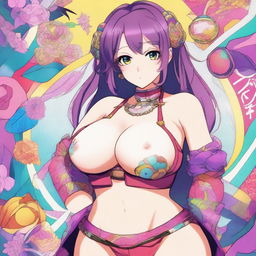 An anime girl with large breasts, drawn in a detailed and colorful style