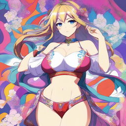 An anime girl with large breasts, drawn in a detailed and colorful style