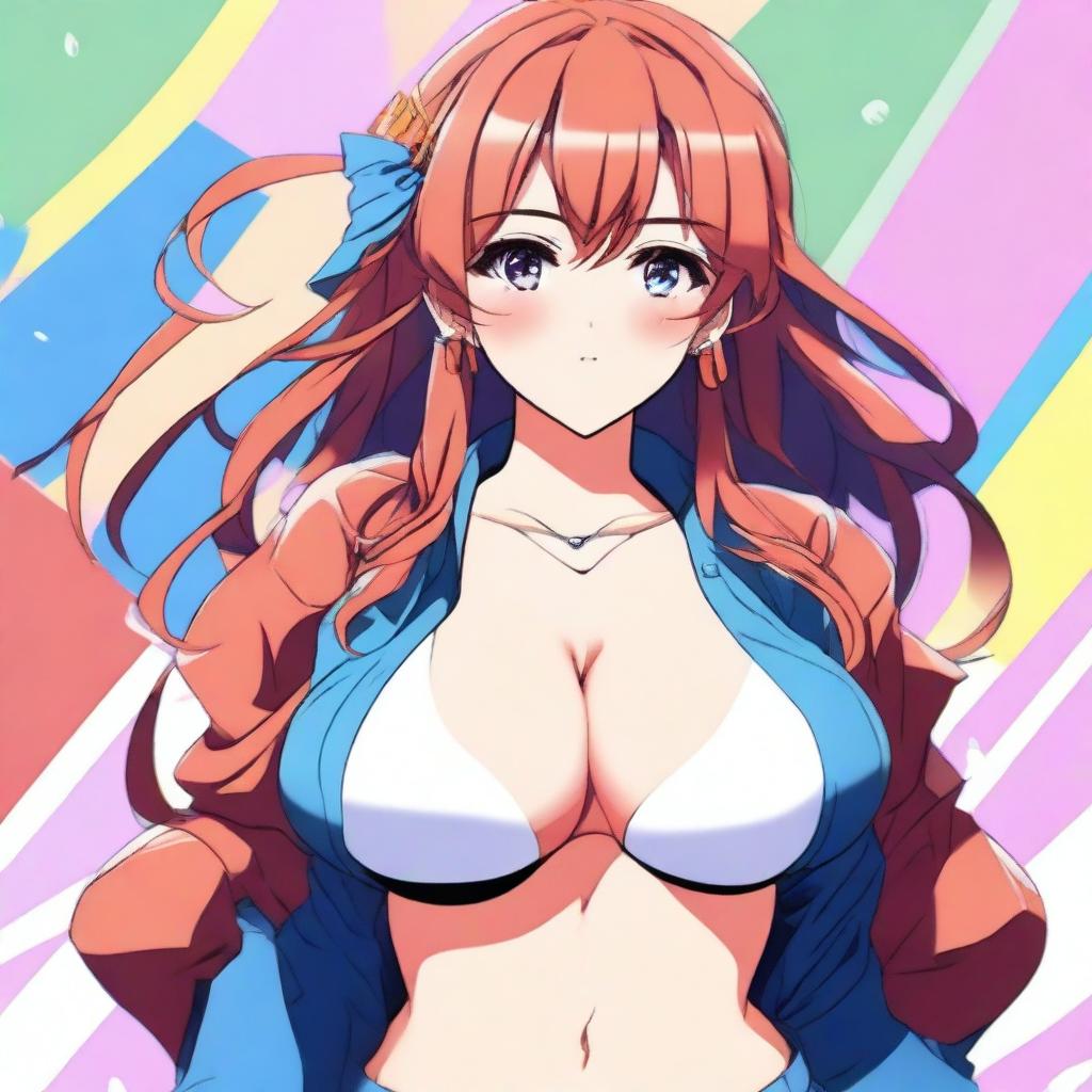 An anime-style girl with large breasts wearing a very small top