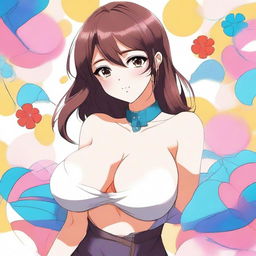 An anime-style girl with large breasts wearing a very small top