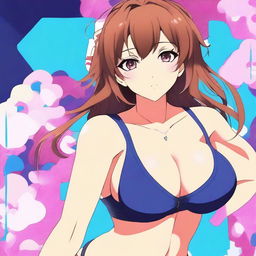 An anime-style girl with large breasts wearing a very small top