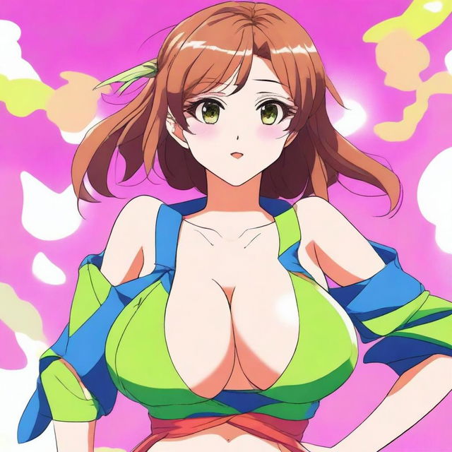 An anime-style girl with large breasts wearing a very small top