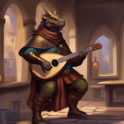 A bronze dragonborn bard playing a lute in a medieval fantasy setting