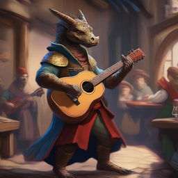 A bronze dragonborn bard playing a lute in a medieval fantasy setting