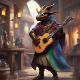 A bronze dragonborn bard playing a lute in a medieval fantasy setting