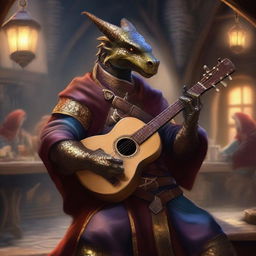 A bronze dragonborn bard playing a lute in a medieval fantasy setting