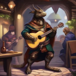 A skinny bronze dragonborn bard playing a lute in a medieval fantasy setting