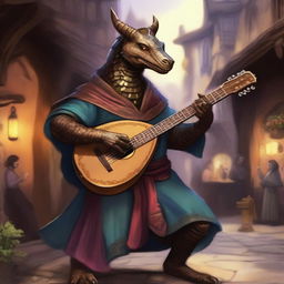 A skinny bronze dragonborn bard playing a lute in a medieval fantasy setting