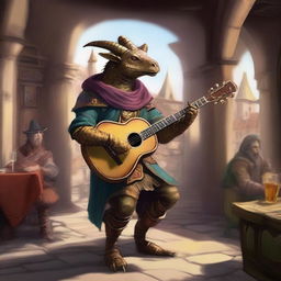 A skinny bronze dragonborn bard playing a lute in a medieval fantasy setting