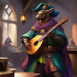 A skinny bronze dragonborn bard playing a lute in a medieval fantasy setting