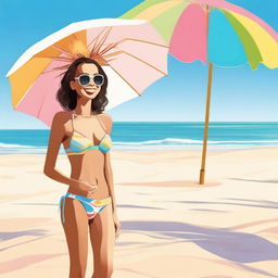 A young woman is standing on a sunny beach, wearing a stylish bikini