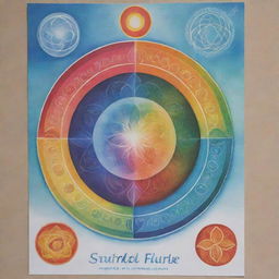 A colorful, serene poster for a spiritual retreat focused on the five elements: Earth, Water, Air, Fire, and Spirit. It features symmetrical designs and calming colors, with an inviting and peaceful ambiance.