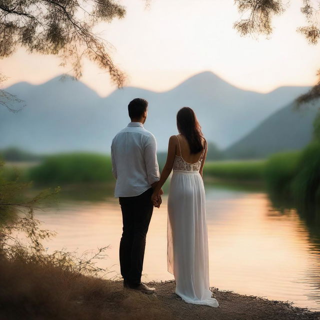 A pair of lovers standing back to back, in a serene and romantic setting