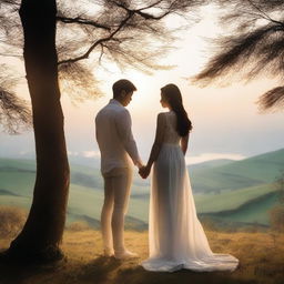 A pair of lovers standing back to back, in a serene and romantic setting