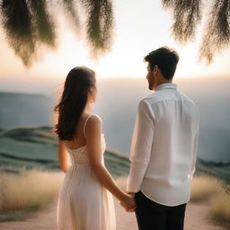 A pair of lovers standing back to back, in a serene and romantic setting