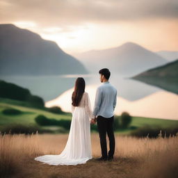 A pair of lovers standing back to back, in a serene and romantic setting