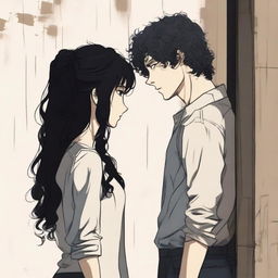 A woman with long black hair facing away from a tall man with curly hair