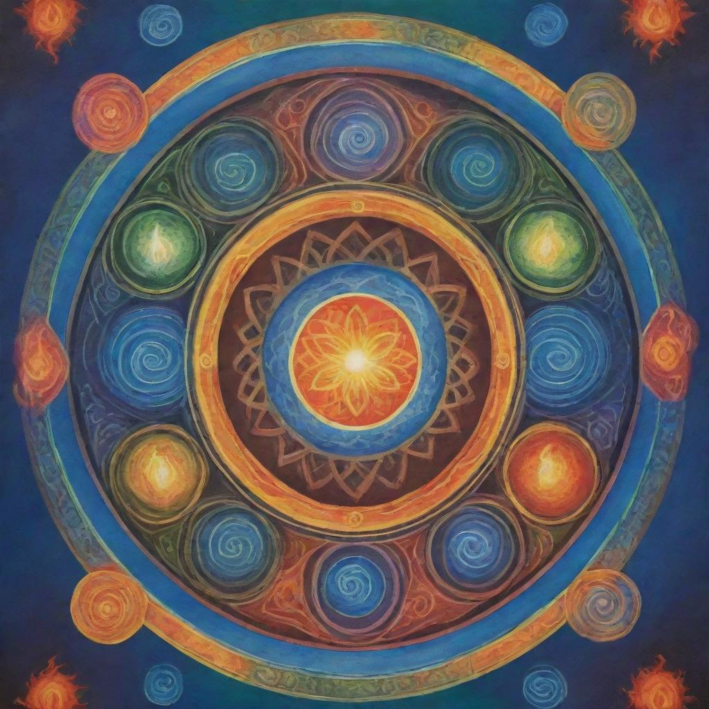 A colorful, serene poster for a spiritual retreat focused on the five elements: Earth, Water, Air, Fire, and Spirit. It features symmetrical designs and calming colors, with an inviting and peaceful ambiance.