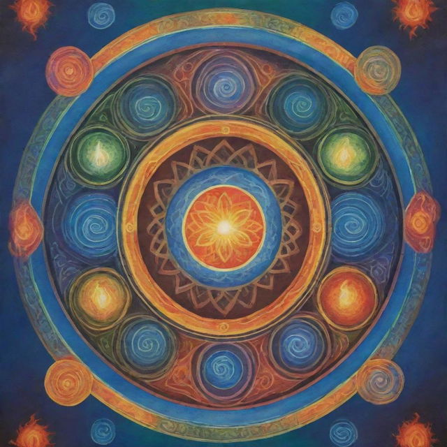 A colorful, serene poster for a spiritual retreat focused on the five elements: Earth, Water, Air, Fire, and Spirit. It features symmetrical designs and calming colors, with an inviting and peaceful ambiance.