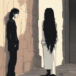 A woman with long black hair facing away from a tall man with curly hair