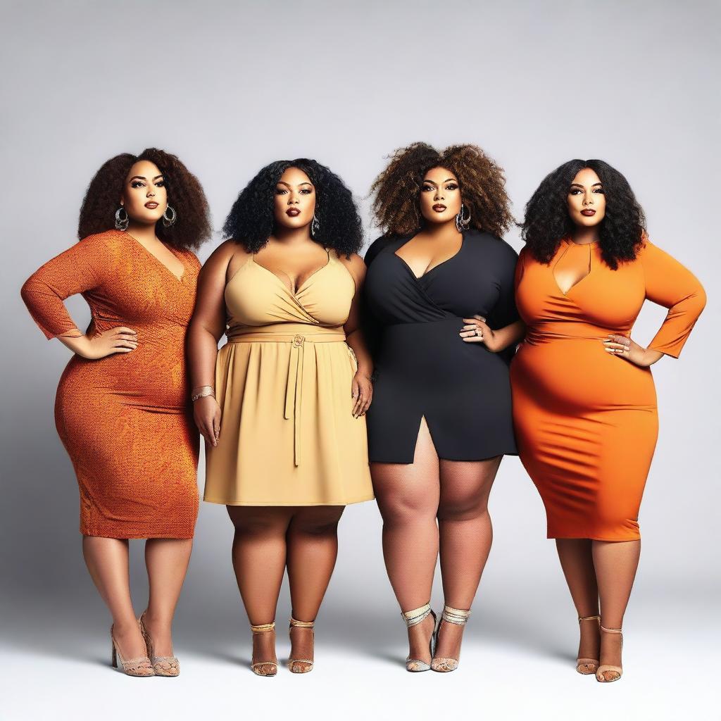 A diverse group of plus-size women in a modern, stylish setting