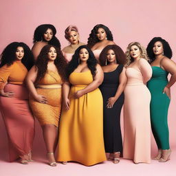 A diverse group of plus-size women in a modern, stylish setting