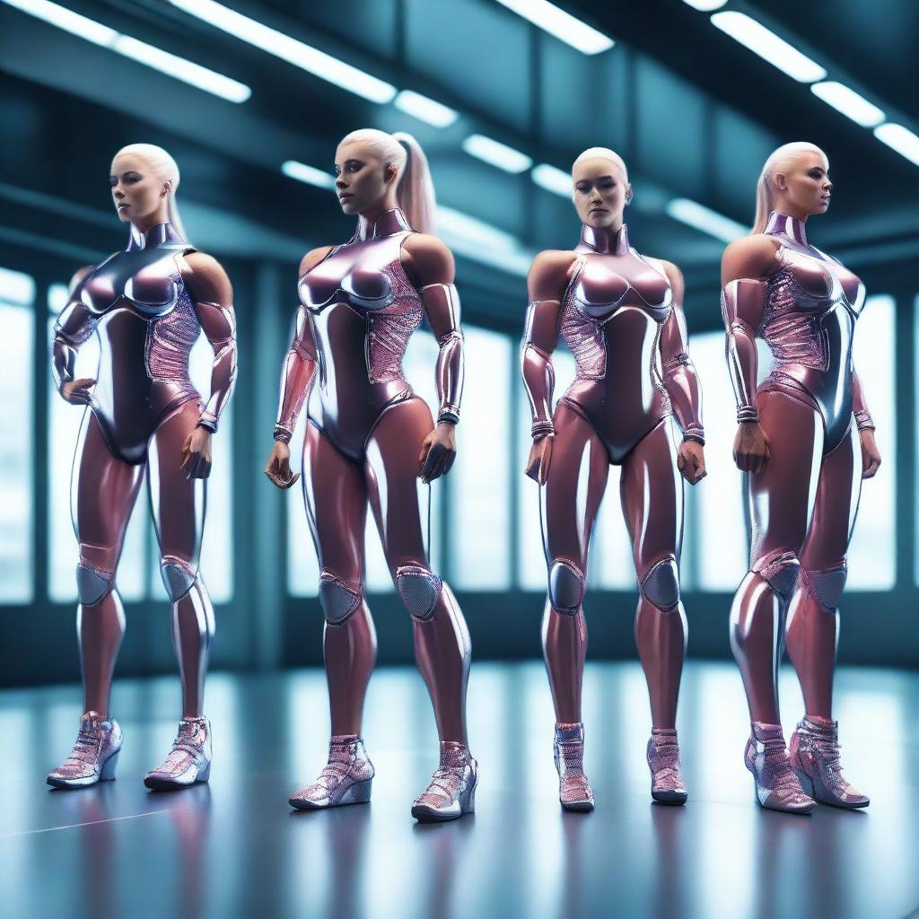 A group of female bodybuilders with AI enhancements working out in a futuristic gym