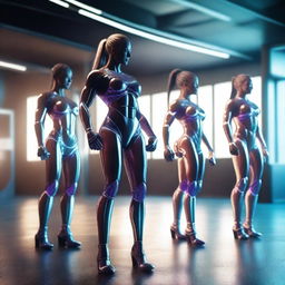 A group of female bodybuilders with AI enhancements working out in a futuristic gym