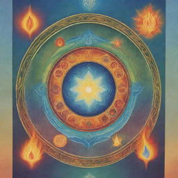 A colorful, serene poster for a spiritual retreat focused on the five elements: Earth, Water, Air, Fire, and Spirit. It features symmetrical designs and calming colors, with an inviting and peaceful ambiance.