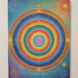 A colorful, serene poster for a spiritual retreat focused on the five elements: Earth, Water, Air, Fire, and Spirit. It features symmetrical designs and calming colors, with an inviting and peaceful ambiance.