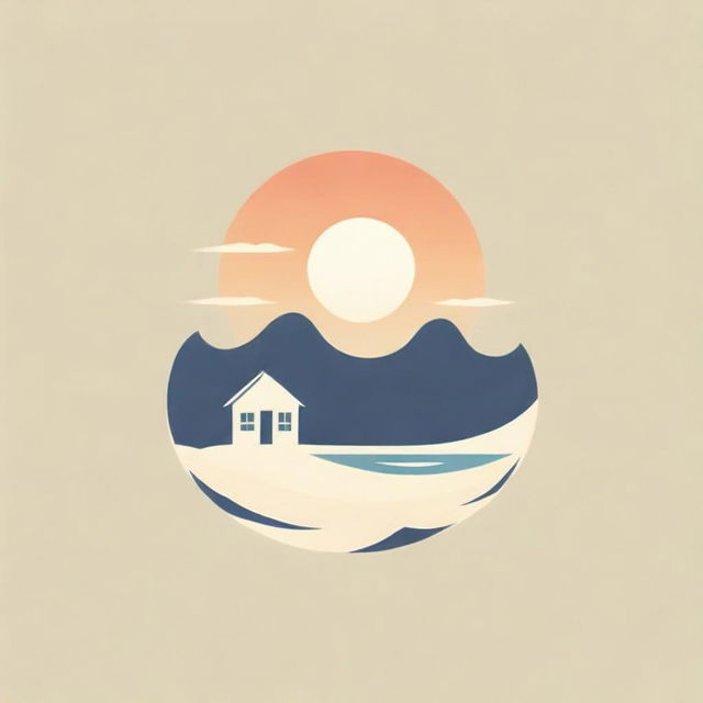 A logo design that incorporates the lines of dunes under the sun with a small beach cabin