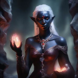 A detailed portrait of a female dark elf in a mystical cave