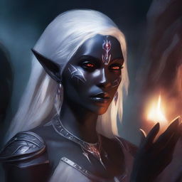 A detailed portrait of a female dark elf in a mystical cave