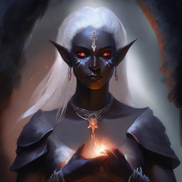 A detailed portrait of a female dark elf in a mystical cave