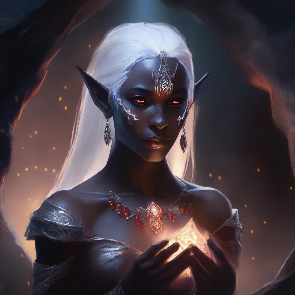 A detailed portrait of a female dark elf in a mystical cave