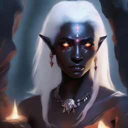 A detailed portrait of a female dark elf in a mystical cave