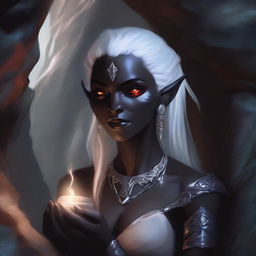 A detailed portrait of a female dark elf in a mystical cave