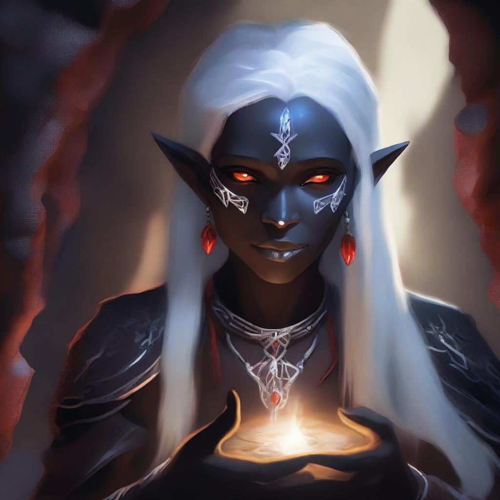 A detailed portrait of a female dark elf in a mystical cave