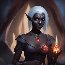 A detailed portrait of a female dark elf in a mystical cave