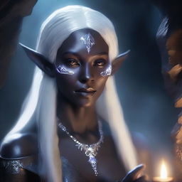 A detailed portrait of a female dark elf in a mystical cave