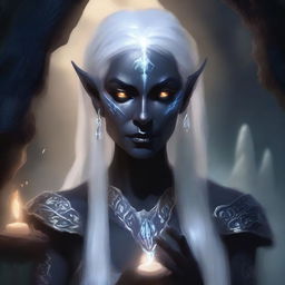 A detailed portrait of a female dark elf in a mystical cave