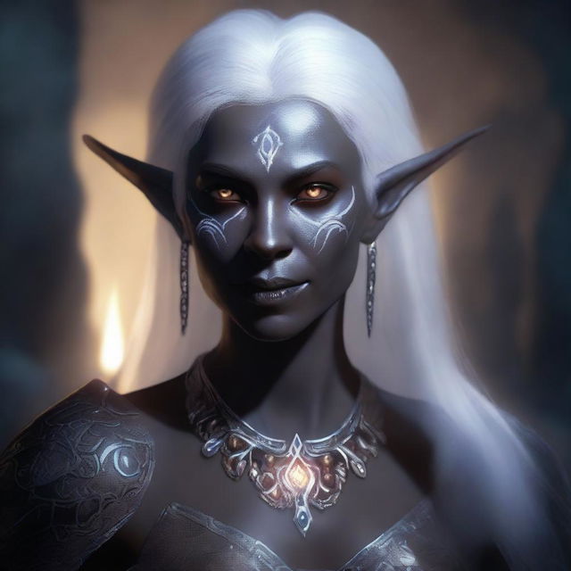 A detailed portrait of a female dark elf in a mystical cave