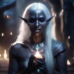 A detailed portrait of a female dark elf in a mystical cave