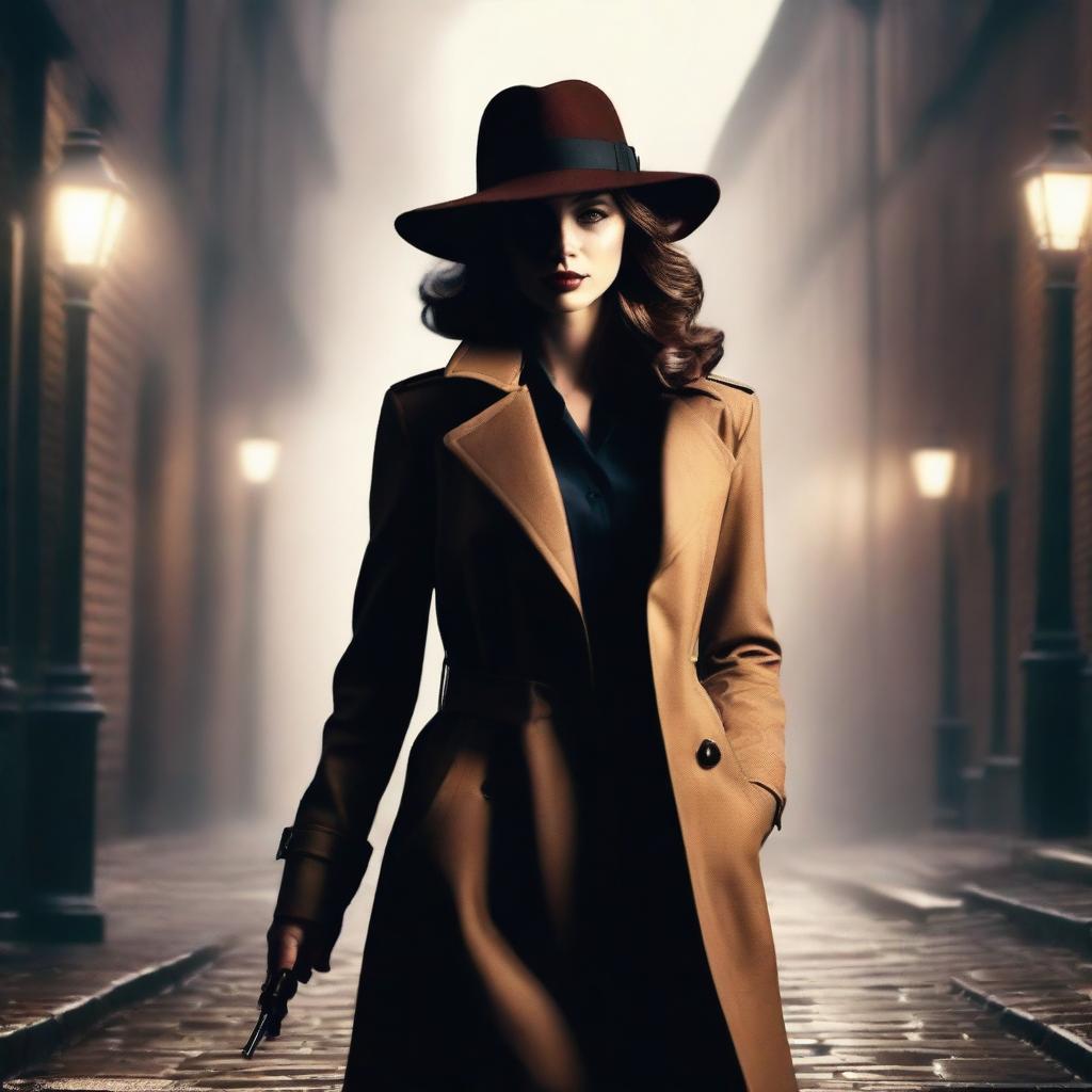 Create a book cover featuring a mysterious detective woman