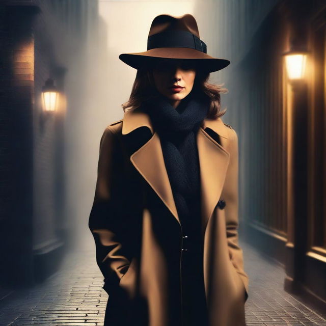 Create a book cover featuring a mysterious detective woman