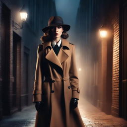 Create a book cover featuring a mysterious detective woman