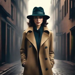 Create a book cover featuring a mysterious detective woman