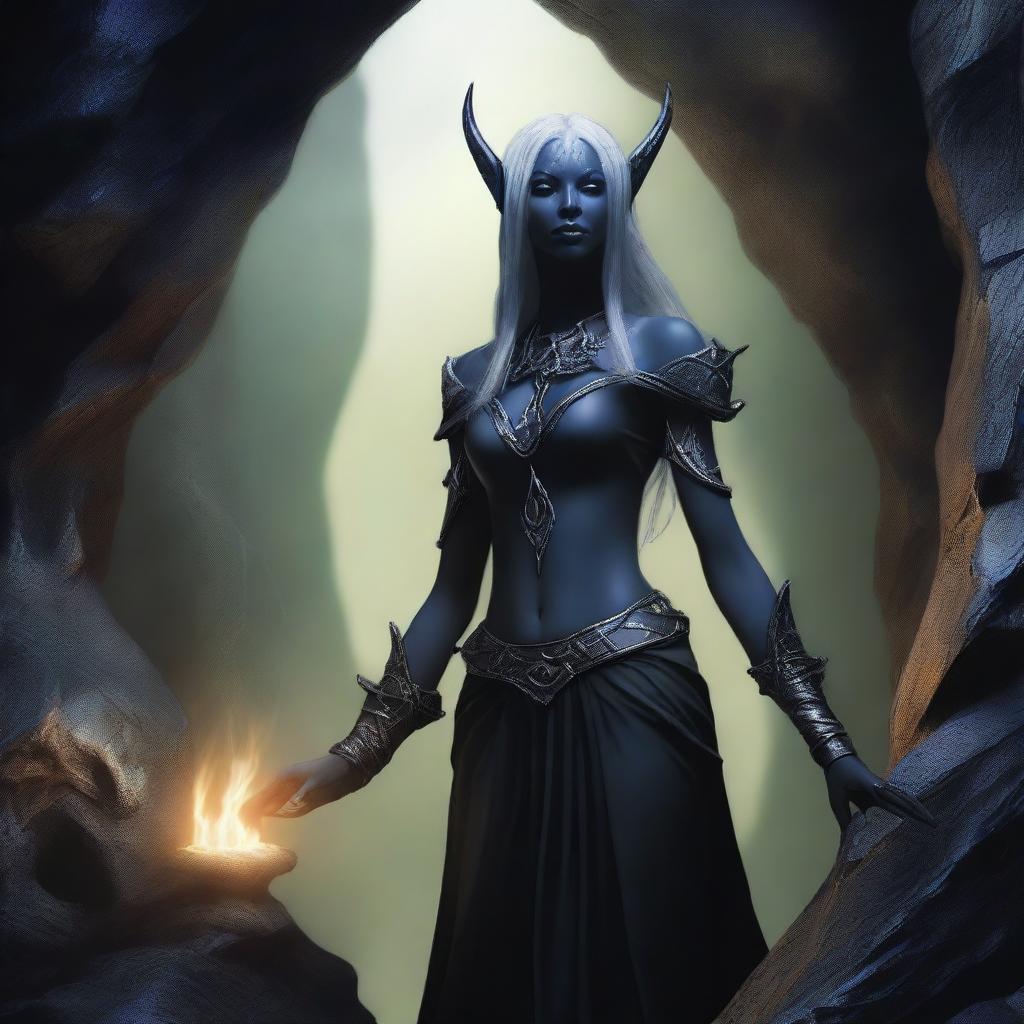 Create an image featuring a female dark elf in a mystical cave