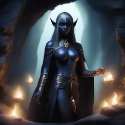 Create an image featuring a female dark elf in a mystical cave